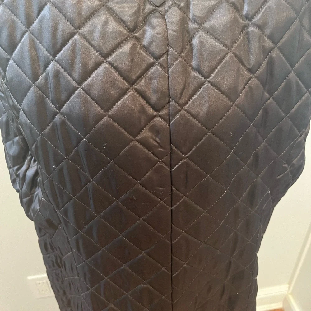 Linda Allard Ellen Tracy Quilty Long Coat w/Leather Trim and belt - Picture 8 of 15